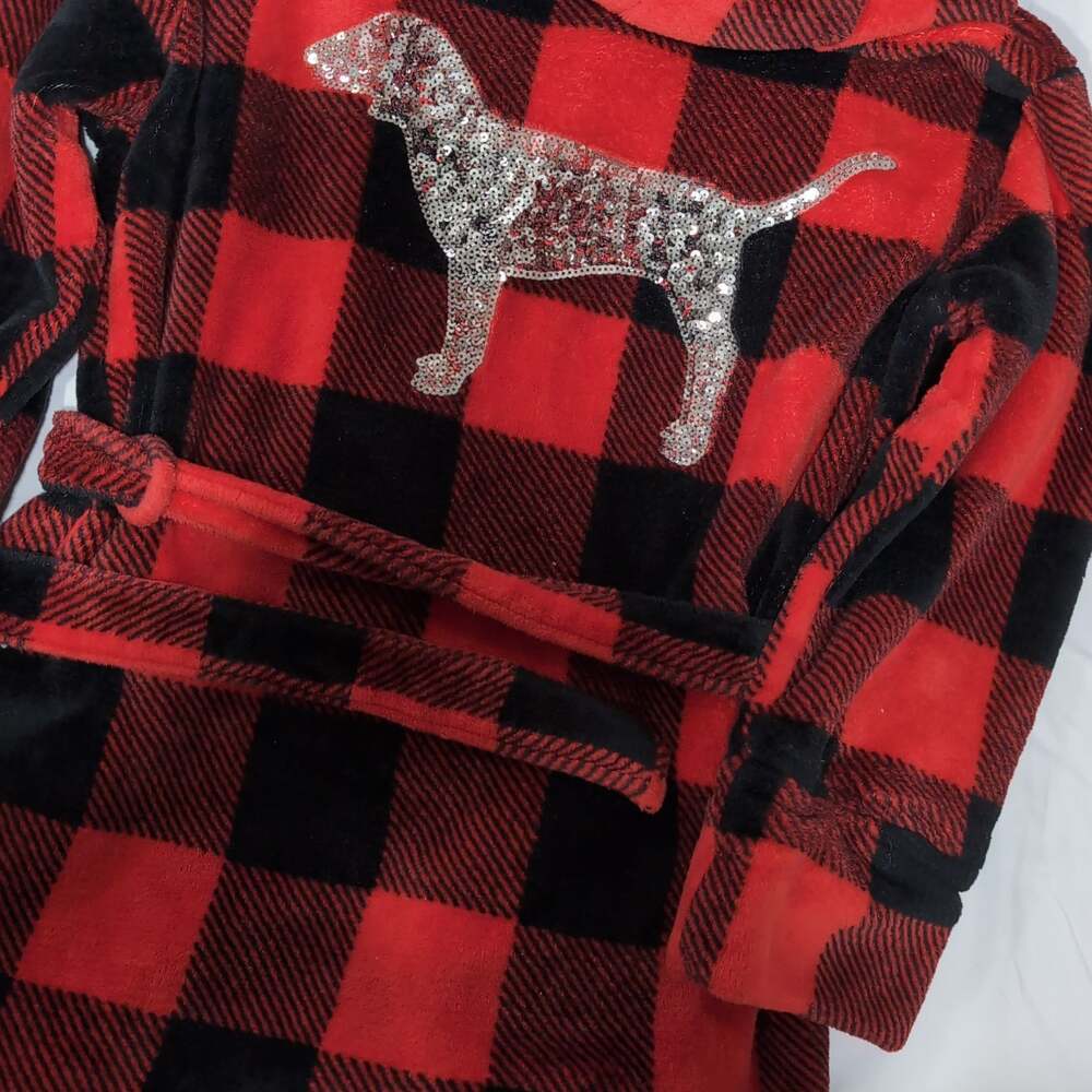 Victoria's Secret PINK Red Buffalo Plaid Sequin Dog Logo Hooded Fleece Robe - Picture 4 of 4